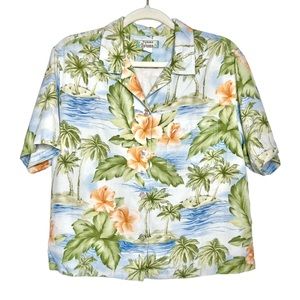 TOMMY BAHAMA 100% Silk Hawaiian Print Boxy Button Down Shirt. Size Medium